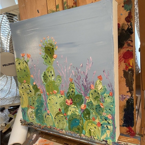 ORIGINAL Cactus Oil Painting Desert 12 X 12 Inches Contemporary Impasto - Picture 10 of 12